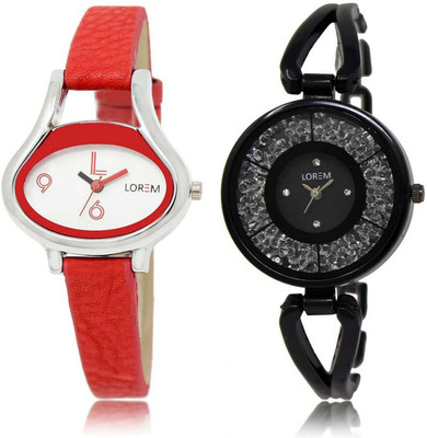 

LOREM SR-206-211 Attractive Black & White Round & Oval Girl's Metal Bracelet & Leather Watch - For Women