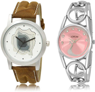 

LOREM watch-9-233 Designer Pink & White Round Boy's & Girl's Metal Bracelet & Leather Watch - For Men & Women