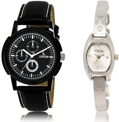 

LOREM OM-13-219 Designer Silver & Black Contemporary & Round Boy's & Girl's Metal Bracelet & Leather Watch - For Men & Women
