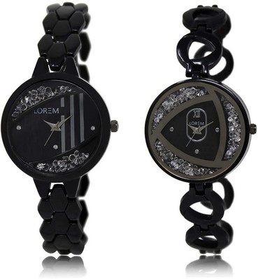 

LOREM 221-237 Attractive Silver & Black Round Girl's Metal Bracelet Watch - For Women