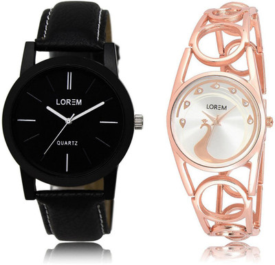 

LOREM -5-232 COMBO Silver & Black Round Boy's & Girl's Metal Bracelet & Leather Watch - For Men & Women