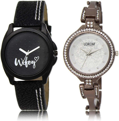 

LOREM OM-234-236 Designer Silver & Black Round Girl's Metal Bracelet & Leather Watch - For Women