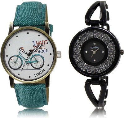 

LOREM OM-211-229 Designer Black & White Round Girl's Metal Bracelet & Leather Watch - For Women