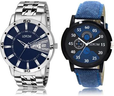 

LOREM 2-102 COMBO Black & Blue Round Boy's Leather & Metal Bracelet Watch - For Men