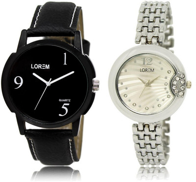 

LOREM WATCH-6-227 COMBO Silver & Black Round Boy's & Girl's Metal Bracelet & Leather Watch - For Men & Women