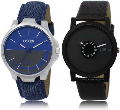

LOREM SR-24-25 Attractive Black & Blue Round Boy's Leather Watch - For Men