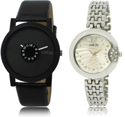 

LOREM watch-25-227 COMBO Silver & Black Round Boy's & Girl's Metal Bracelet & Leather Watch - For Men & Women