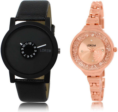 

LOREM SR-25-225 Attractive Rose Gold & Black Round Boy's & Girl's Metal Bracelet & Leather Watch - For Men & Women