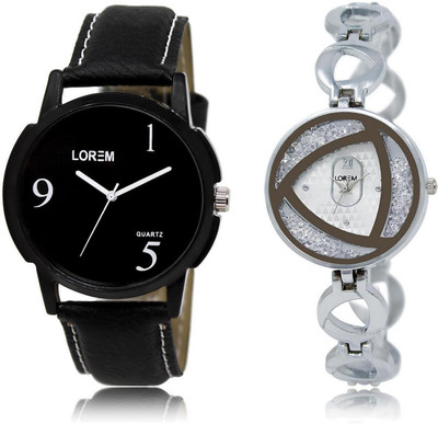

LOREM 6-240 COMBO Silver & Black Round Boy's & Girl's Metal Bracelet & Leather Watch - For Men & Women