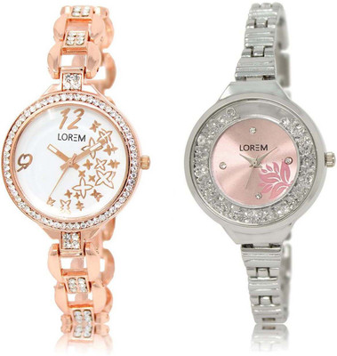 

LOREM SR-210-226 Attractive Pink & White Round Girl's Metal Bracelet Watch - For Women