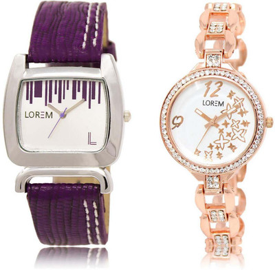 

LOREM OM-207-210 Designer White Round & Square Girl's Metal Bracelet & Leather Watch - For Women