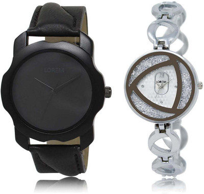 

LOREM OM-22-240 Designer Silver & Black Round Boy's & Girl's Metal Bracelet & Leather Watch - For Men & Women