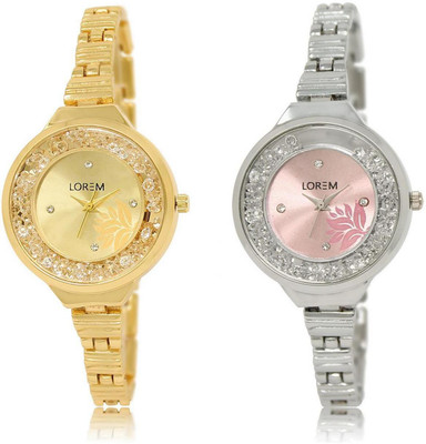 

LOREM FZ-224-226 COMBO Pink & Gold Round Girl's Metal Bracelet Watch - For Women