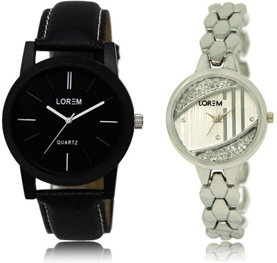 

LOREM SR-5-223 Attractive Silver & Black Round Boy's & Girl's Metal Bracelet & Leather Watch - For Men & Women