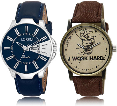 LOREM Watch-23-29 COMBO Grey & Blue Round Boy's Leather Watch - For Men