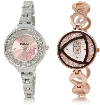 

LOREM 226-238 Attractive Silver & Pink Round Girl's Metal Bracelet Watch - For Women