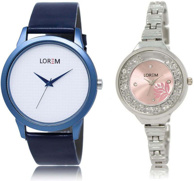 LOREM watch-33-226 Designer Pink & White Round Boy's & Girl's Metal Bracelet & Leather Watch - For Men & Women