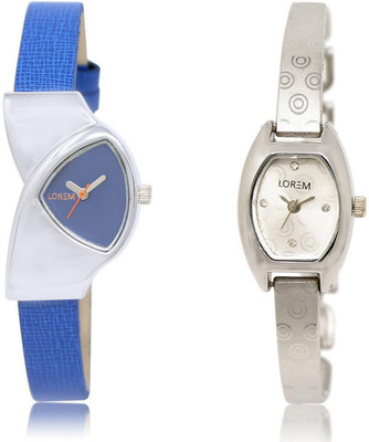 

LOREM watch208-219 COMBO Silver & Blue Contemporary & Triangle Girl's Metal Bracelet & Leather Watch - For Women