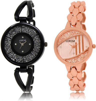 

LOREM FZ-211-222 COMBO Rose Gold & Black Round Girl's Metal Bracelet Watch - For Women