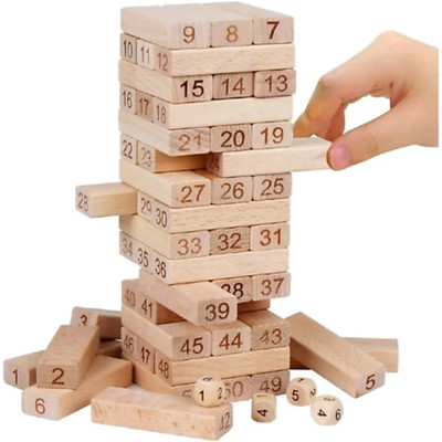 Dhawani 51 Wooden Building blocks with 3 Wooden dice Jenga Learning Game for Kids Brown Dhawani Blocks Building Sets