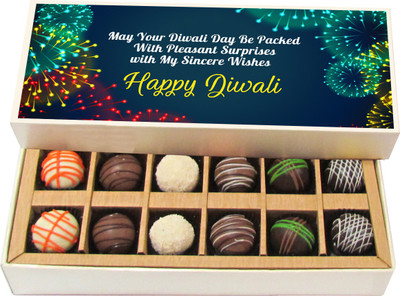 

Chocholik Diwali Sweets - May Your Diwali Day Be Packed With Pleasant Surprises - White, Dark, Milk Chocolate Truffles - 12pc Truffles(180 g)