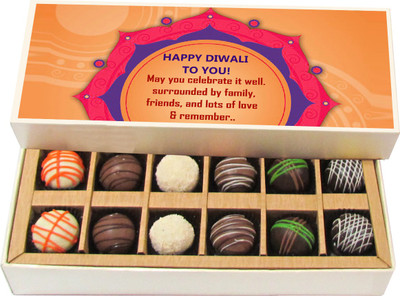 

Chocholik Diwali Sweets - May You Celebrate It Well. surrounded By Family - White, Dark, Milk Chocolate Truffles - 12pc Truffles(180 g)
