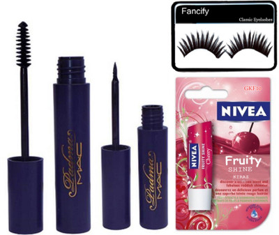 

Fancify eyelashes , padma eyeliner & mascara with nivea fruity shine lip balm(Set of 4)