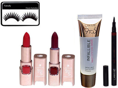

Fancify Eyelashes, Lakme 9to5 Infallible Mattifying Base Primer, Lipsticks (Set of 2) and Pen Liner(Set of 5)
