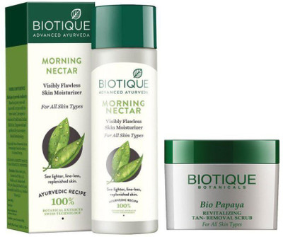 

BIOTIQUE BIO Morning Nectar Flawless Skin Moisturizer, Papaya Revitalizing Tan-Removal Scrub(Set of 2)