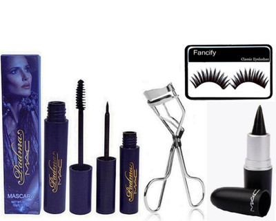 

Fancify Eyelashes, MAC Padma Eyeliner & Mascara & Long lasting Stick Kajal with eye curler(Set of 5)