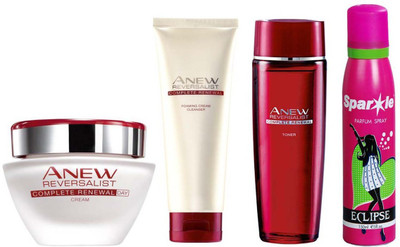 

Avon Anew Reversalist Complete Renewal Foaming Cream Cleanser (125 ml) & one Reversalist Complete Renewal Day Cream (50 ml) & one Reversalist Complete Renewal Toner (50g) With one sparkle perfume spray 150 ml(Set of 4)