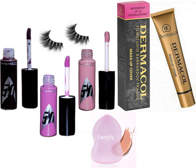 

Fancify Eyelasehs,Mac Star Trek Liquid Lipgloss Set Of 3,Dermacol Make-Up Cover Foundation,Puiff(Set of 6)