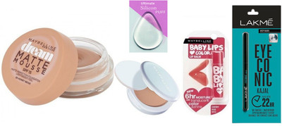

Ultimate Silicon Puff& Dream Matte Mousse Foundation Honey Beige With White Super Fresh Compact, New York Cherry Kiss Lipbalm Deep Black Eyeconic Kajal(Set of 5)