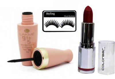 

styling Eyelashes, Lakme 9to5 Black Waterproof Eyeliner & Colorbar Lipstick 012(Set of 3)