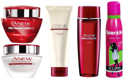 

Avon Anew Reversalist Complete Renewal Day Cream (50 ml) & one Reversalist Night Renewal Cream (50 g) & one Reversalist Complete Renewal Foaming Cream Cleanser (125 ml) & one Reversalist Complete Renewal Toner (50g) With one sparkle perfume spray 150 ml(S