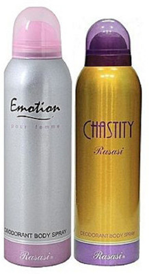 

Rasasi Emotion & Chestity for women Body Spray - For Women(400 ml, Pack of 2)