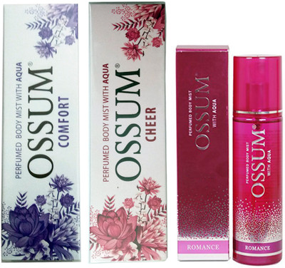 

OSSUM COMFORT PERFUMED BODY MIST 115 ML+ROMANCE PERFUMED BODY MIST 115 ML+CHEER PERFUMED BODY MIST 115 ML Deodorant Spray - For Men & Women(115 ml, Pack of 3)