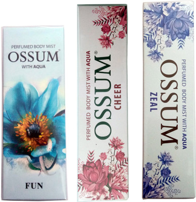 

OSSUM ZEAL PERFUMED BODY MIST +CHEER PERFUMED BODY MIST + FUN PERFUMED BODY MIST Deodorant Spray - For Men & Women(115 ml, Pack of 3)