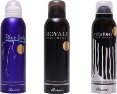 

Rasasi Black & Relation Deodorant Body Spray - For Men & Women(600 ml, Pack of 3)