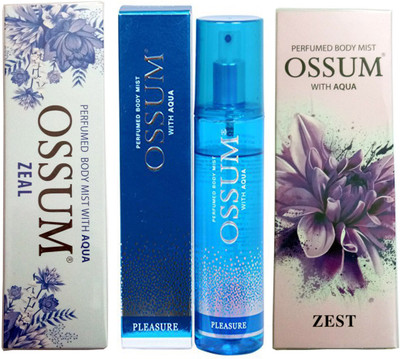 

OSSUM ZEAL PERFUMED BODY MIST 115 ML+ PLEASURE PERFUMED BODY MIST 115 ML+ ZEST PERFUMED BODY MIST 115 ML Deodorant Spray - For Men & Women(115 ml, Pack of 3)