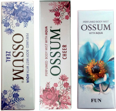 

OSSUM FUN PERFUMED BODY MIST 115 ML+ZEAL PERFUMED BODY MIST 115 ML+CHEER PERFUMED BODY MIST 115 ML Deodorant Spray - For Men & Women(115 ml, Pack of 3)