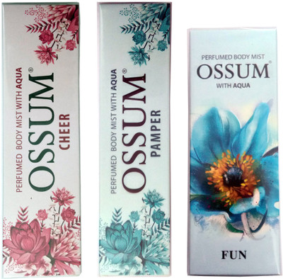 

OSSUM FUN PERFUMED BODY MIST +PAMPER PERFUMED BODY MIST +CHEER PERFUMED BODY MIST Deodorant Spray - For Men & Women(115 ml, Pack of 3)