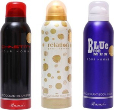 

Rasasi Chastity, Relation & Blue for Men deodorant (PACK of 3) Body Spray - For Men & Women(600 ml, Pack of 3)