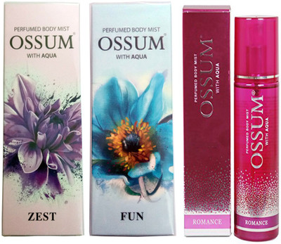 

OSSUM ZEST PERFUMED BODY MIST 115 ML+ ROMANCE PERFUMED BODY MIST 115 ML+ FUN PERFUMED BODY MIST 115 ML Deodorant Spray - For Men & Women(115 ml, Pack of 3)