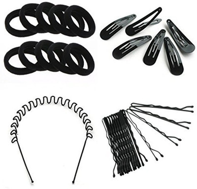 

shiviksha black metal zig zag hair band one+hair rubber band ten+tic tac hair clips six +bob pins twenty Hair Accessory Set(Black)