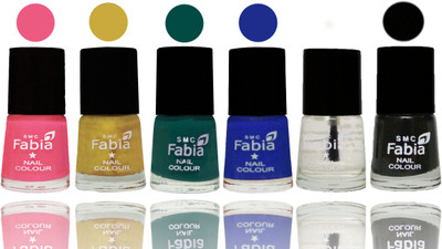 

Fabia Nail Polish Matte Look Attractive Your Nails Shock Pink Light-Mattis gold-Pine Green-Shock Blue Dark-Black-Top Coat(Pack of 6)
