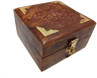 

INDIANHANDICRAFTHUB Wooden Decorative Jewellery Box Organiser Handcrafted with Floral Carvings Jewellery Box, makeup box Vanity Box(Brown)