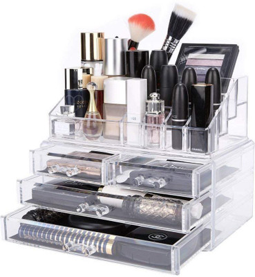 

Hojo Acrylic Cosmetic and Make up Organizer Cum Storage Box Double Layer Beauty Vanity Jewellery Clear Make up Cosmetic Display Stand with 16 Slots and 4 Drawers Two Pieces Set Makeup Vanity Box(Transparent)