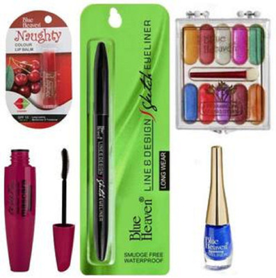 

Blue Heaven sketch liner,walkfree mascara, dark blue sparkle liner,10 in 1 eye shadow with naughty lip balm (pack of 5)(Set of 5)