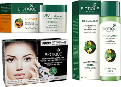 

BIOTIQUE BIO Bio Papaya Revitalizing Tan Removal Scrub, Bio Diamond Facial Kit, Bio Cucumber Pore Tightening Toner(Set of 3)